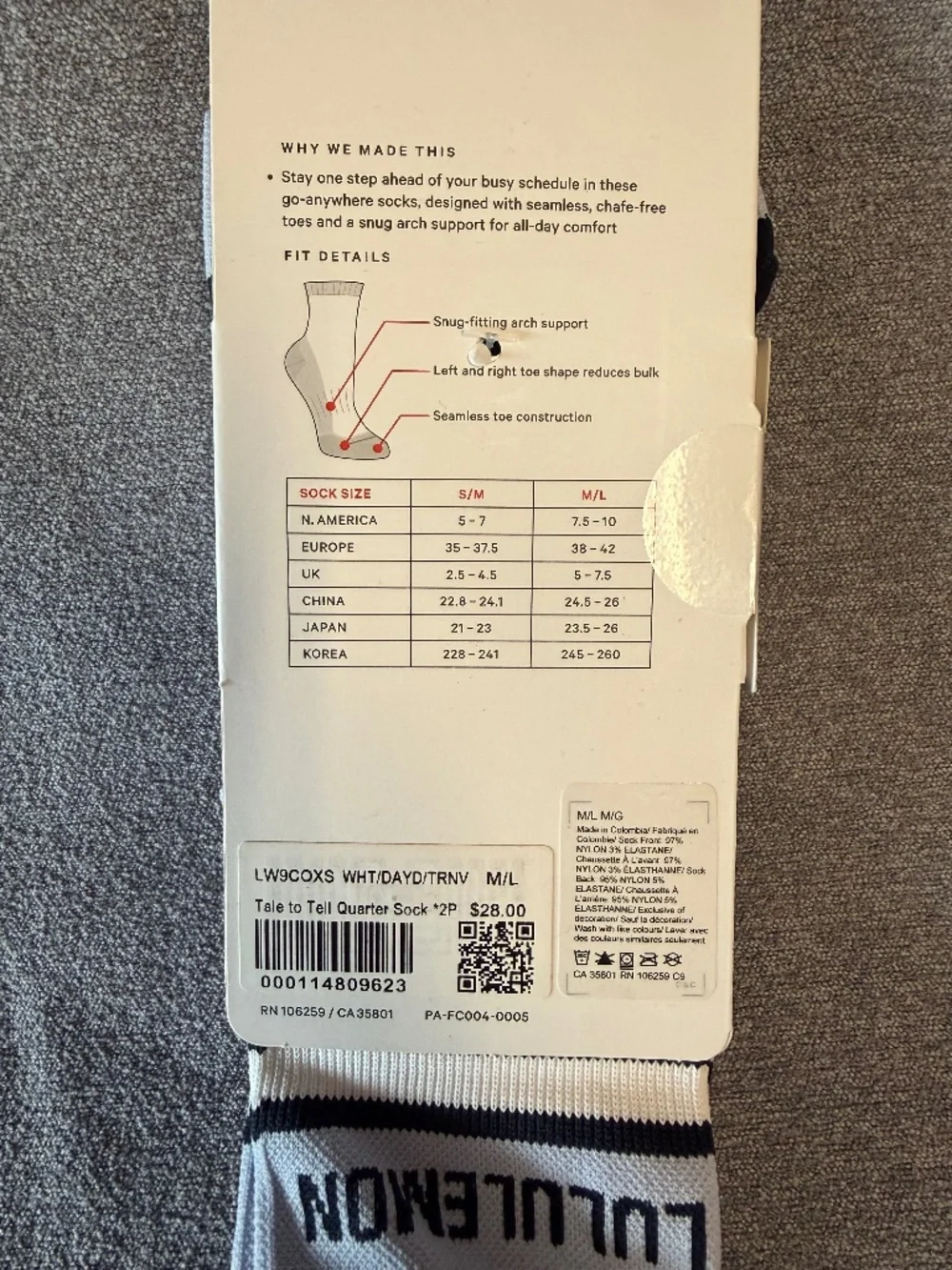 Lululemon Tale to Tell Quarter Socks 2 Pack M/L NWT